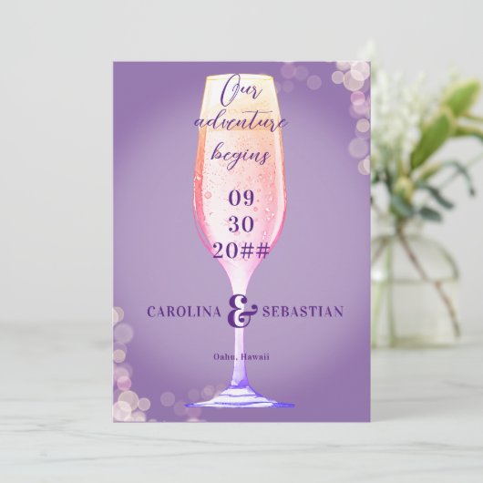 Elegante Lavendel Paarse Bubble Champagne bruiloft Save The Date (Staand voorkant)