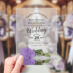 Elegante Lavendel Paarse Roos Kalligrafie bruiloft Acryl Uitnodigingen