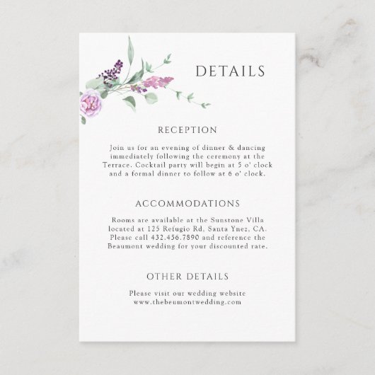 Elegante Lavendel Pastel Bloemen Trouwdetails Informatiekaartje (Voorkant)