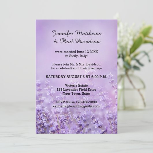 Elegante Lavendel Post Bruiloft Party Uitnodiging (Staand voorkant)
