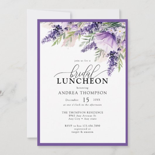 Elegante Lavendel Purple Flowers Bruids Luncheon Kaart (Voorkant)
