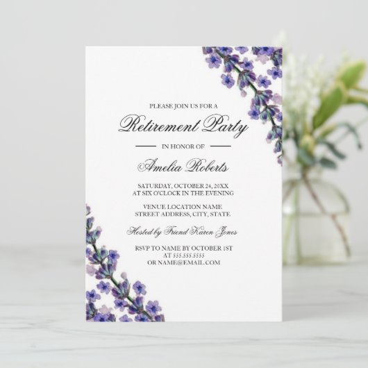 Elegante Lavendel Retirement Party uitnodiging (Staand voorkant)