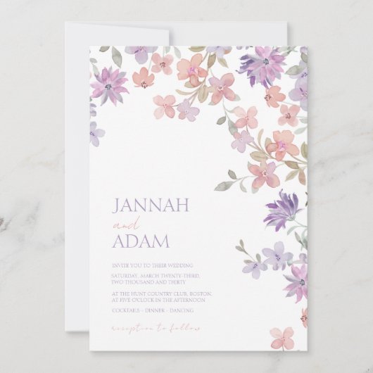 Elegante lavendel roze grillige Wildflower bruilof Kaart (Voorkant)