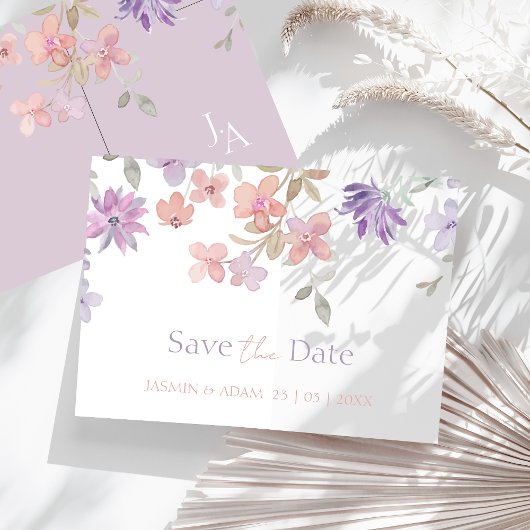 Elegante lavendel roze grillige Wildflower bruilof Save The Date