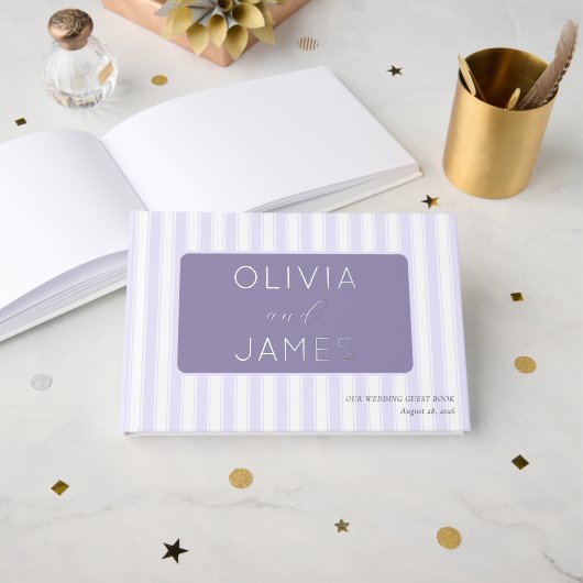 Elegante lavendel strepen gastenboek (Voorkant open)