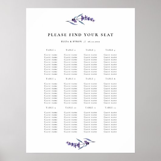 Elegante Lavendel Trouwtafel Stoelenindeling Poster (Voorkant)