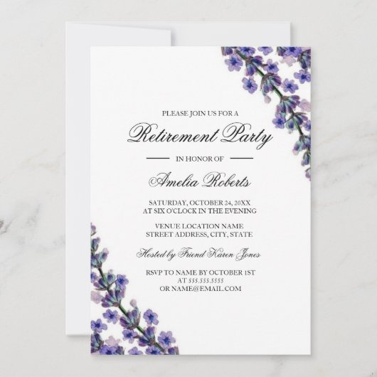 Elegante Lavendel Uitnodiging voor Pensioenfeest (Voorkant)