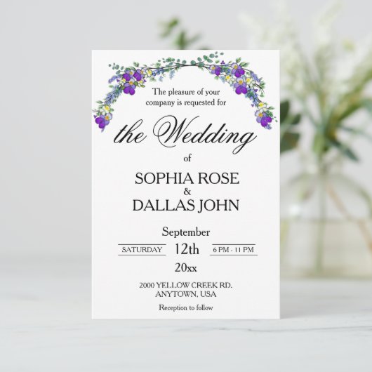 Elegante Lavendel viooltjes waterverf bruiloft Kaart (Staand voorkant)