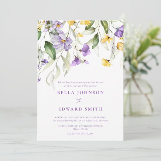 Elegante Lavendel Waterverf Bloemen Bruiloft Kaart (Staand voorkant)