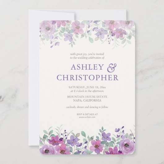 Elegante Lavendel Waterverf Bloemen Bruiloft Kaart (Voorkant)
