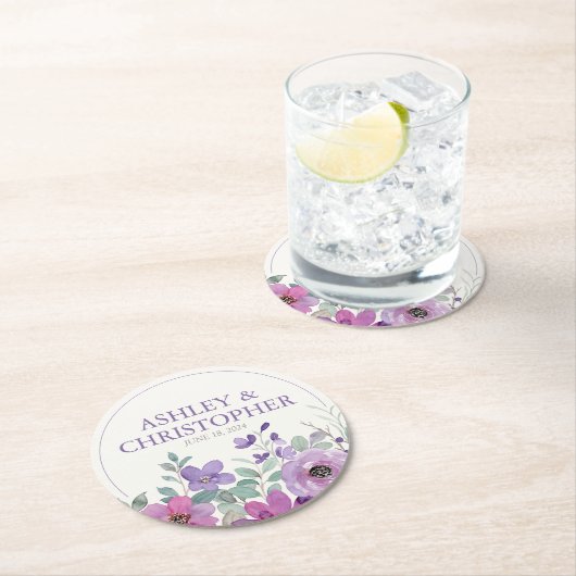 Elegante Lavendel Waterverf Bloemen Bruiloft Ronde Kartonnen Onderzetter (Insitu)