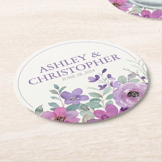 Elegante Lavendel Waterverf Bloemen Bruiloft Ronde Kartonnen Onderzetter (Gebogen)