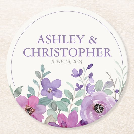 Elegante Lavendel Waterverf Bloemen Bruiloft Ronde Kartonnen Onderzetter (Voorkant)