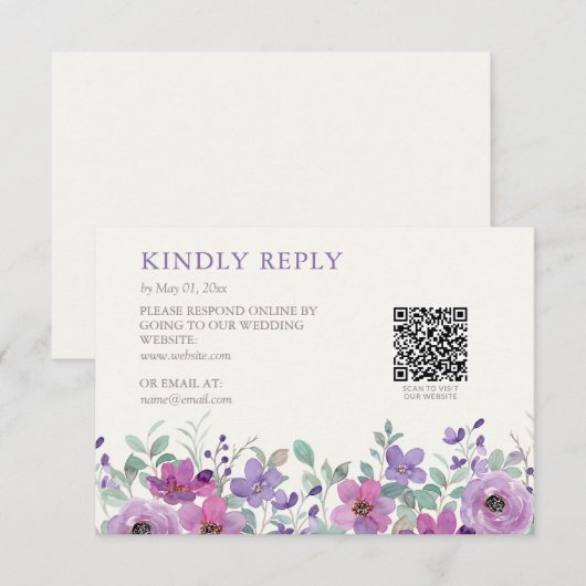 Elegante Lavendel Waterverf Bloemen Bruiloft RSVP Kaartje (Voorkant / Achterkant)