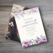 Elegante Lavendel Waterverf Bloemen Foto Bruiloft Kaart
