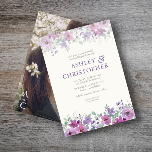 Elegante Lavendel Waterverf Bloemen Foto Bruiloft Kaart