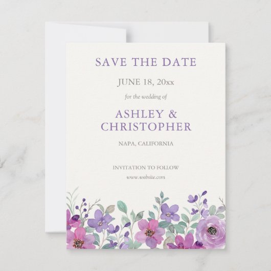 Elegante Lavendel Waterverf Bloemen Foto Bruiloft Save The Date (Voorkant)