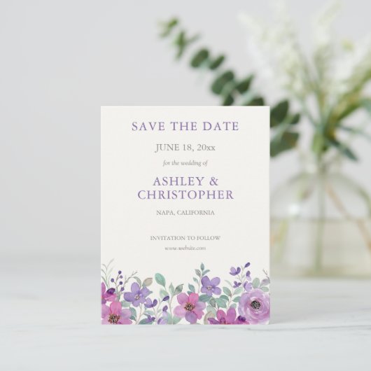 Elegante Lavendel Waterverf Bloemen Foto Bruiloft Save The Date (Staand voorkant)