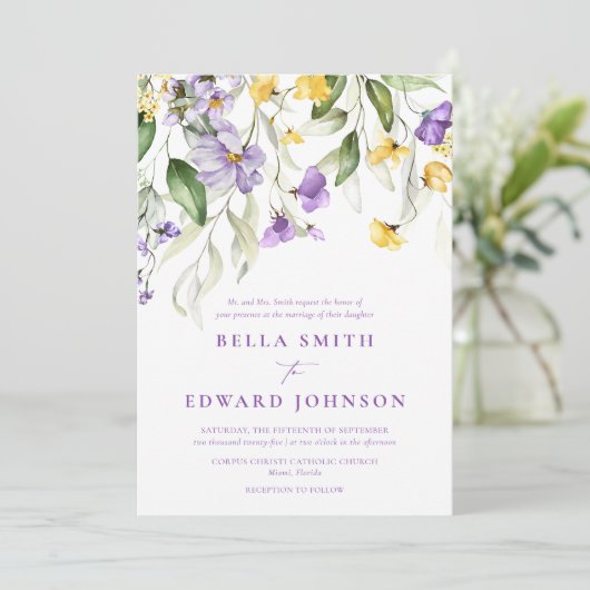 Elegante Lavendel Waterverf Floral Formal Bruiloft Kaart (Staand voorkant)