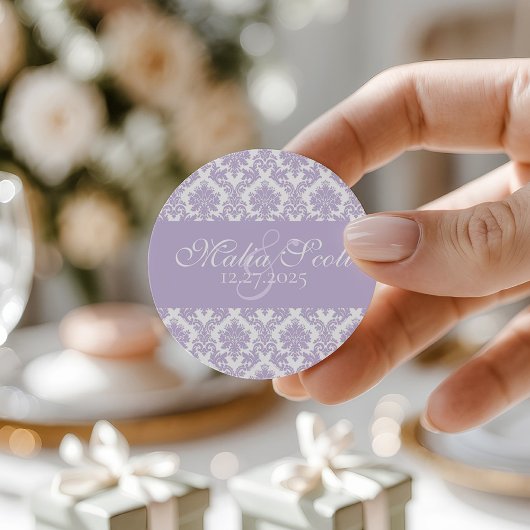Elegante Lavendel White Damask Wedding Favoriet Ronde Sticker