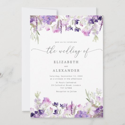 Elegante lavendel wilde bloem bruiloft kaart (Voorkant)