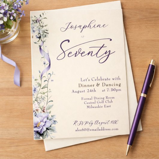 Elegante Lavendel Wilde Bloem Script 70e Verjaarda Kaart
