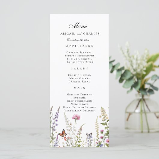 Elegante Lavendel & Wildflower Bloom Menu (Staand voorkant)