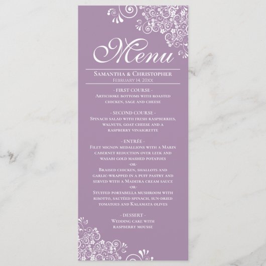 Elegante Lavendel & Witte Frilly Hoeken Bruiloft Menu (Voorkant)
