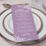 Elegante Lavendel & Witte Frilly Hoeken Bruiloft Menu<br><div class="desc">Dit mooie lichte paarse of lavendelkleurige menu voegt wat stijl toe aan uw huwelijksreceptie. Het heeft een eenvoudig maar mooi ontwerp met elegante letters en decoratieve witte krullen en wervelingen in de hoeken. Er is ruimte voor de namen van het paar en de trouwdatum, en de tekst is volledig aanpasbaar....</div>