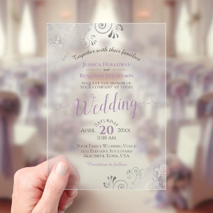 Elegante Lavendel & Zilver Calligrafie Bruiloft Acryl Uitnodigingen