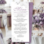 Elegante Lavendel & Zilveren Swirls op Witte Bruil Menu<br><div class="desc">Dit prachtige menu zal wat stijl toevoegen aan uw huwelijksreceptie. Het heeft een prachtig ontwerp met zilvergrijze faux folie krullen en wervelingen op een klassieke witte achtergrond, met lavendel of licht paarse gekleurde tekst en een gemarmerde achterkant. Er is ruimte voor de namen van het paar en de trouwdatum, en...</div>