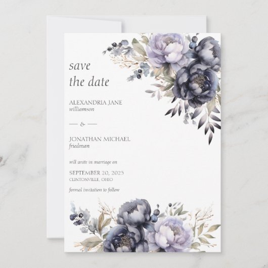 Elegante Lavendel & Zwarte Pioenrozen Bruiloft Save The Date (Voorkant)