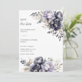 Elegante Lavendel & Zwarte Pioenrozen Bruiloft Save The Date (Staand voorkant)