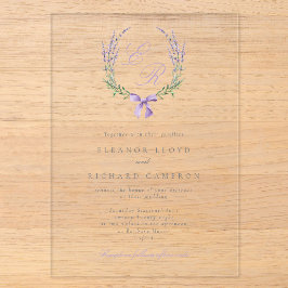 Elegante lavendelkrans en strik monogram bruiloft acryl uitnodigingen