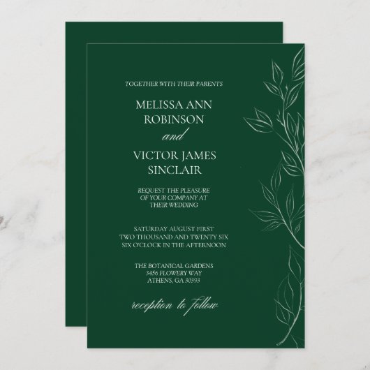 Elegante Leaf Emerald Green bruiloft uitnodiging (Voorkant / Achterkant)