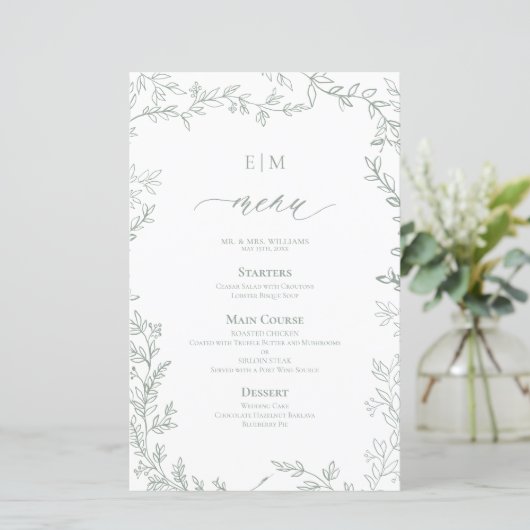 Elegante Leaf Sage Green Monogram Trouwmenu (Staand voorkant)