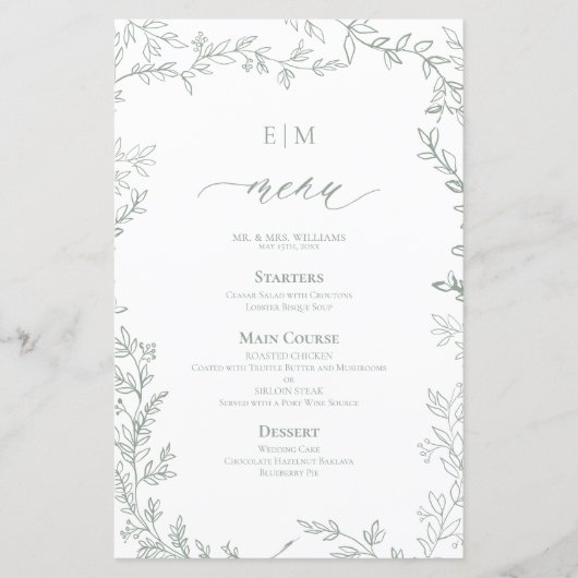 Elegante Leaf Sage Green Monogram Trouwmenu (Voorkant)
