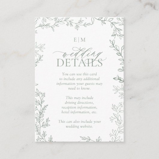 Elegante Leaf Sage Green Monogram Wedding Details Informatiekaartje (Voorkant)
