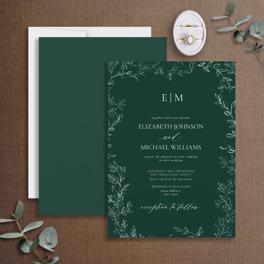 Elegante Leaf Smaragdgroene Monogram Trouwdag Kaart