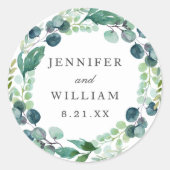 Elegante Leafy Waterverf Botanische bruiloft Ronde Sticker (Voorkant)