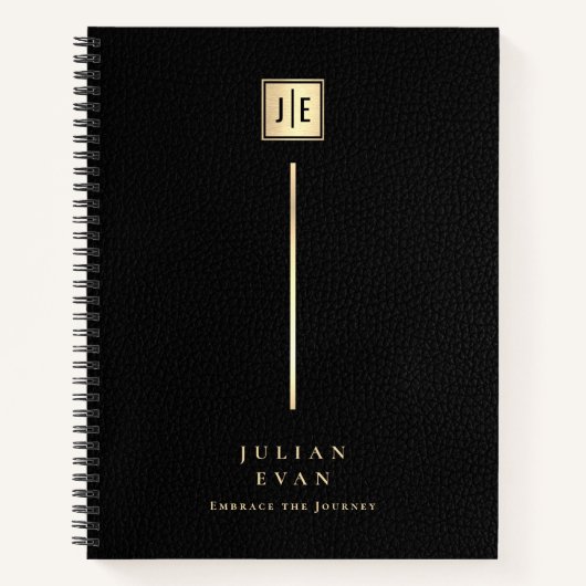 Elegante Lederen Print Zwart & Goud Monogram Spira Notitieboek (Voorkant)