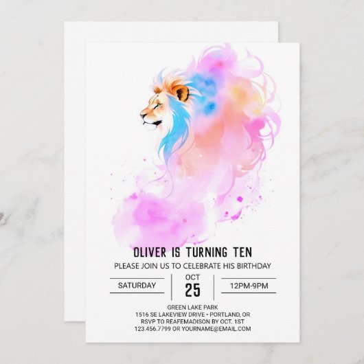 Elegante Leeuw Verjaardag in Aquarelstijl Kaart (Voorkant / Achterkant)