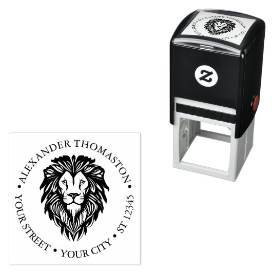 Elegante Leeuwenkop #3 Ronde Naam Adres Zelfinktende Stempel (In situ)