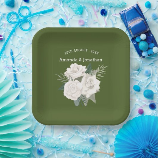 Elegante Leger Groene en Witte Rozen Bruiloft Papieren Bordje (Feest)