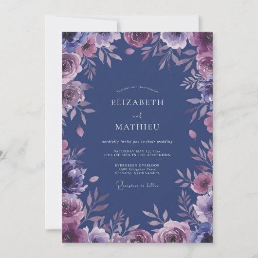 Elegante Leiste Amethist Bloemblad Bruiloft Kaart (Voorkant)