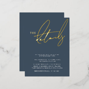 Elegante Leiste Blau Goud Folie Trouwdetails Uitnodiging Briefkaart