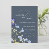 Elegante Leiste Blau Wilde Bloem Bruiloft Kaart (Staand voorkant)