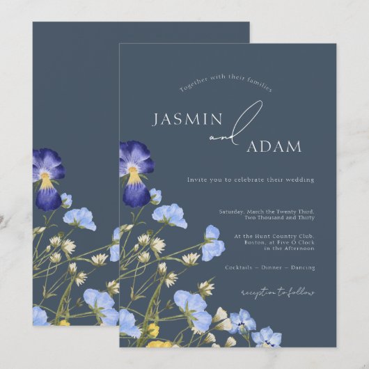 Elegante Leiste Blau Wilde Bloem Bruiloft Kaart (Voorkant / Achterkant)