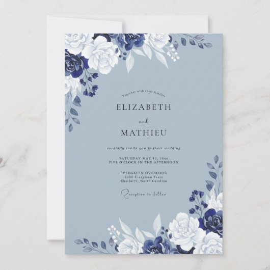 Elegante Leiste Indigo Bloei Bruiloft Kaart (Voorkant)