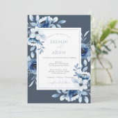 Elegante Leisteenblauwe Bloemige Bruiloft Kaart (Staand voorkant)